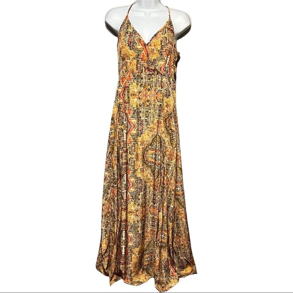 Ark & Co Halter Maxi Dress Golden Yellow Geo Printed V-Neck Sleeveless Small